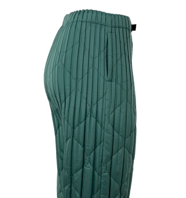 Image 3 of 4 - GREEN - ISSEY MIYAKE Padded Pleats Pants featuring release pleating, a relaxed shape with pleating only at the top and hems of the pant, an elastic waist and four pockets. 100% polyester. 