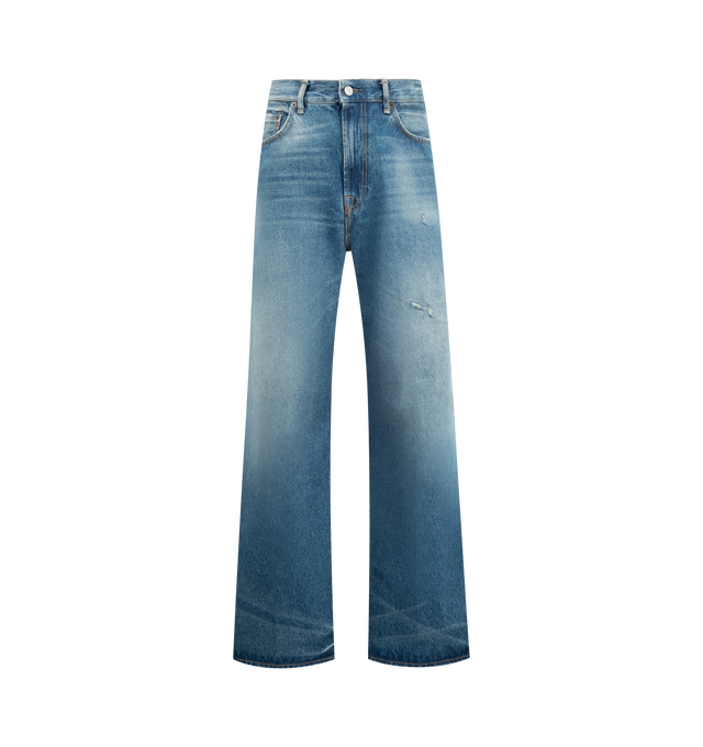 Image 1 of 3 - BLUE - ACNE STUDIOS 2022 Vintage Blue Jeans featuring heavyweight, non-stretch denim, fading and whiskering, full length, wide-leg cut, button closure and zip fly and 5-pocket styling. 100% cotton. Made in Italy.