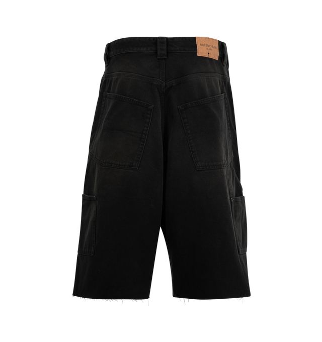 Image 2 of 3 - BLACK - BALENCIAGA Ripped Off Shorts featuring covered zip fly, 5 belt loops, 5 pockets, yokes with rivets at front, raw, ripped hem, Balenciaga engraved flex buttons and jacron at back. 100% cotton. Made in Italy.