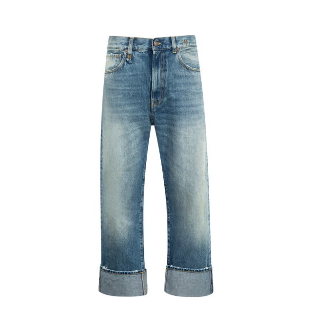 Image 1 of 3 - BLUE - R13 Cuffed X-BF Jeans featuring wide-leg non-stretch denim, fading, whiskering, and subtle distressing throughout, belt loops, five-pocket styling, zip-fly, folled cuffs and leather logo patch at back waistband. 92% cotton, 8% elastomultieste.