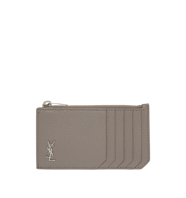 Image 1 of 3 - GREY - SAINT LAURENT GUSSETED ZIP CARD CASE WITH SMALL METAL YSL INITIALS AND 5 CARD SLOTS ON THE FRONT AND SILVER-TOME HARDWARE. DIMENSIONS: 13 X 7,5 X 1 CM / 5.1 X 2.9 X 0.3 INCHES. INTERIOR: ONE ZIP POCKET AND LEATHER LINING.  95% CALFSKIN LEATHER, 5% METAL. MADE IN ITALY. 