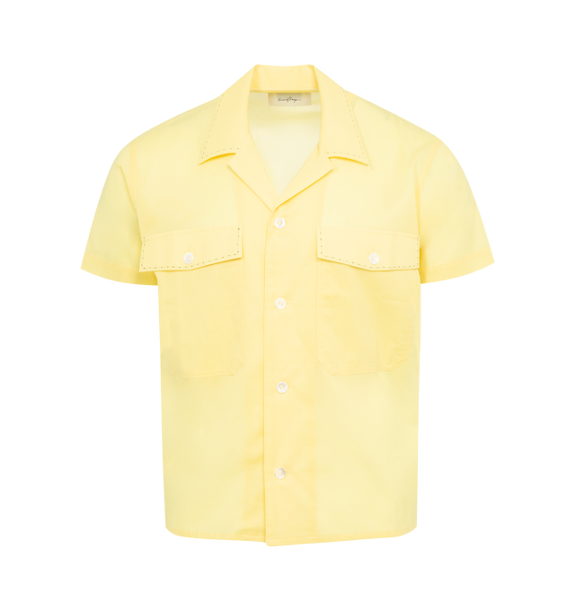 Image 1 of 2 - YELLOW - SECOND LAYER Cropped Open Collar Shirt featuring classic front button closure with Pearl buttons, tonal pin stitch detailing along the collar and flap pockets, cropped and relaxed fit. 