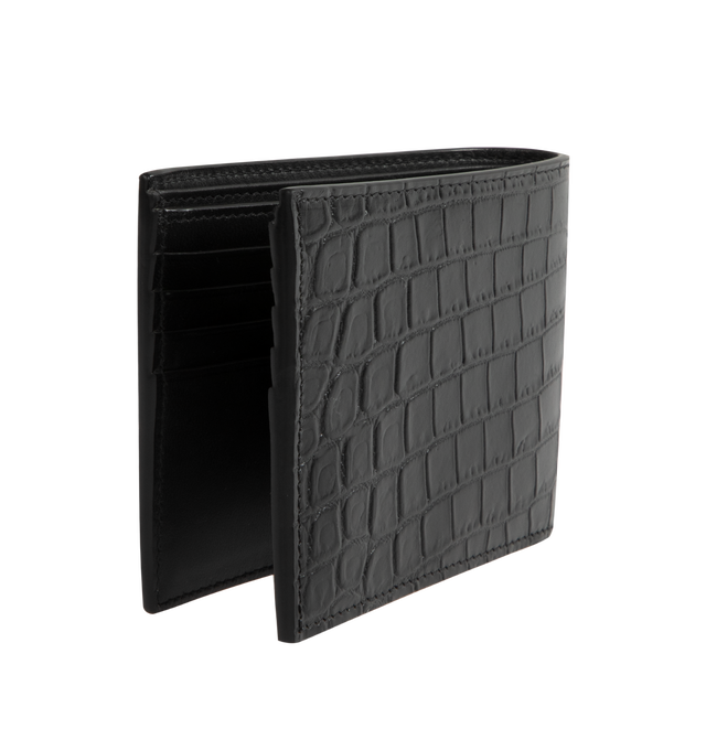Image 2 of 3 - BLACK - Saint Laurent YSL Monogram Wallet is crafted in leather with a crocodile embossed design, a metal YSL in the corner, 2 bill compartments, 8 card slots, and 2 receipt pockets. 3.7 H x 4.3 W x 0.9 D inches. 100% leather. Made in Italy.
