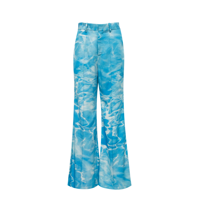 Image 1 of 3 - BLUE - ROSIE ASSOULIN  'Paneled and Piped' pants have a mid-rise, wide-leg silhouette detailed by its exaggerated flare and front pleating. Hook and zip fastening. 100% Poly ShantunG Dry clean only.  Made in United States of America. 