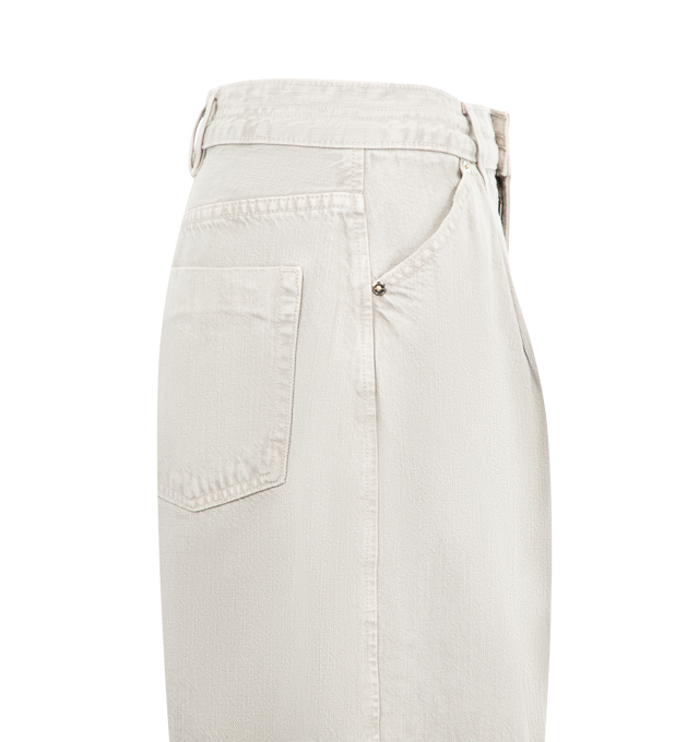 Image 3 of 3 - GREY - RUADH The Archer Jean featuring high rise relaxed trouser jean tailored in recycled cotton rigid denim. Fits true to size and is intended for an oversized slouchy fit. Detailing includes RADH signature triple beltloops at back waist and semi-precious gold hardware. zip fly, shank closure. Sleek and tailored, this jean is a polished classic. 20% Pre-Consumer Recycled Cotton, 80% Better Cotton. Made in the USA.