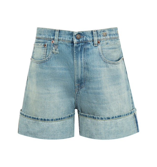 Image 1 of 3 - BLUE - R13 Nina Shorts featuring high-rise relaxed denim short with a thick cuffed hem in Italian selvedge denim. 100% cotton. Made in Italy.