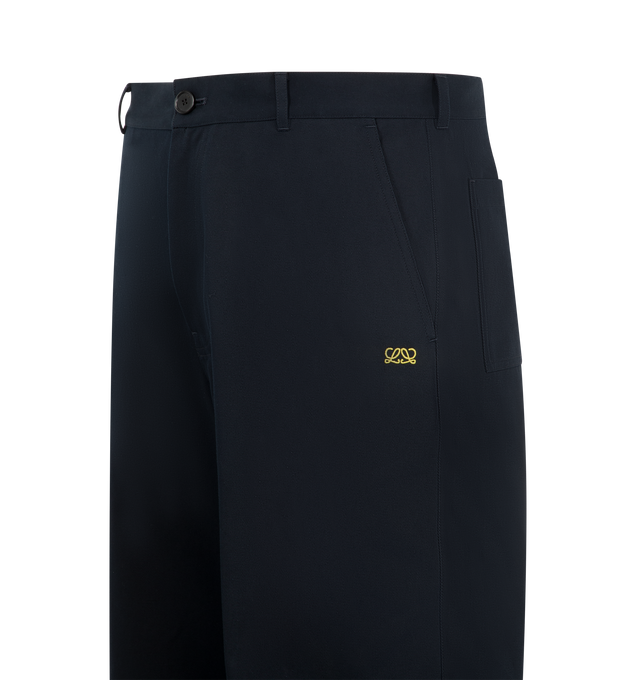 Image 3 of 3 - BLUE - Loewe Mens Cotton Twill Trousers are crafted from cotton twill. Features a regular fit, regular length, mid-rise waist, straight leg, button fastening with zip fly, front slash pockets, rear patch pockets, side pocket, hammer loop detail, Double L embroidery at the front, and LOEWE debossed leather and suede patch at the back. Main Material: Cotton. Made in Italy.