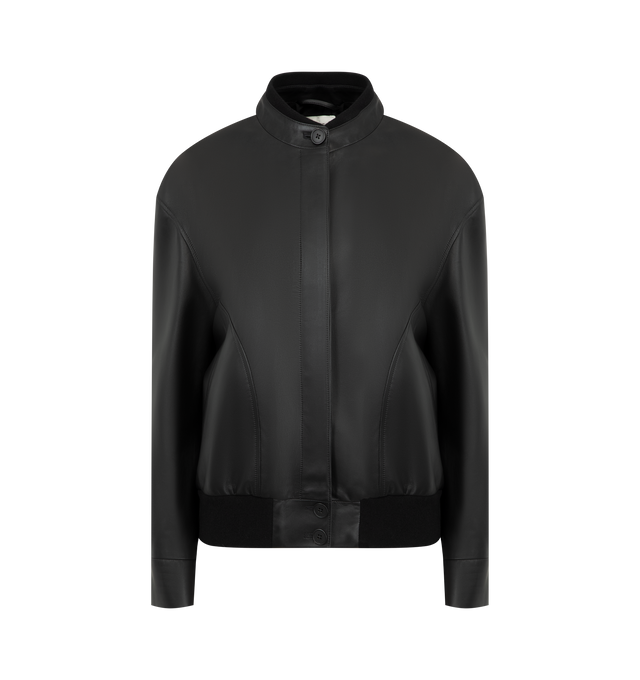 Image 1 of 3 - BLACK - THE ROW Eleonora Jacket featuring supple leather with ribbed-knit trims, a concealed button placket, smooth silk lining, dropped shoulders, loose fit, side seam pockets, button cuffs and elasticated hem. 100% lambskin leather. Lining: 100% silk. Made in Italy. This item may be restricted for online purchase to international clients. For assistance purchasing this item please contact our dedicated stylist team at personalshopping@hirshleifers.com.