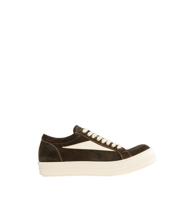Image 1 of 5 - BROWN - RICK OWENS Vintage Sneaks in nubuck leather and suede featuring low-top, a triangular leather appliqu on the sides, contrast topstitching, flat heel, round toe, lace-up vamp, leather lining and toothed TPR outsole. Made in Italy.