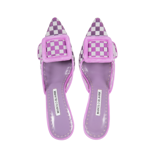 Image 4 of 4 - PURPLE - MANOLO BLAHNIK MAYSALEBI Purple Mesh Checkered Mules featuring checkered lilac mesh with suede edging and decorative buckle. Finished with stiletto low 50mm heel. Upper: 80% polyamide, 20% kid suede. Sole: 100% calf leather. Lining: 90% polyamide, 10% kid leather. Italian sizing. Made in Italy. 