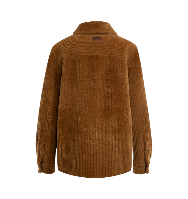 Image 2 of 3 - ORANGE - Loewe Women's Overshirt is crafted from medium-weight merino shearling and features a relaxed fit, regular-length silhouette, classic collar, button-front closure, and buttoned cuffs. Designed with side seam pockets and finished with a puffy Double L debossed leather patch at the back. Main Material: 100% Lambskin Shearling.