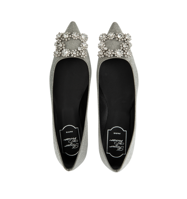 Image 4 of 4 - SILVER - ROGER VIVIER Flower Strass Glitter Ballet Flats featuring a shimmering glitter coating, pointed-toe and crystal-encrusted buckles. Upper: fabric. Sole: leather insole and sole. Made in Italy. 