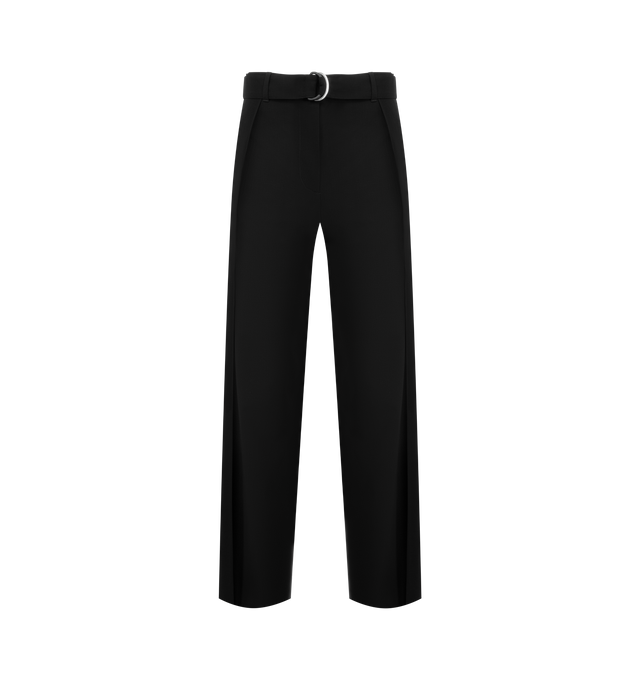 Image 1 of 3 - BLACK - LOEWE Belted Trousers in lightweight fluid wool tailoring featuring an adjustable fabric belt and pleats at the front, regular fit, regular length, mid waist, straight leg, concealed zip fly, slash pockets and buttoned rear welt pocket, LOEWE engraved D-ring and LOEWE embossed leather patch placed at the back. Wool. Made in Italy.