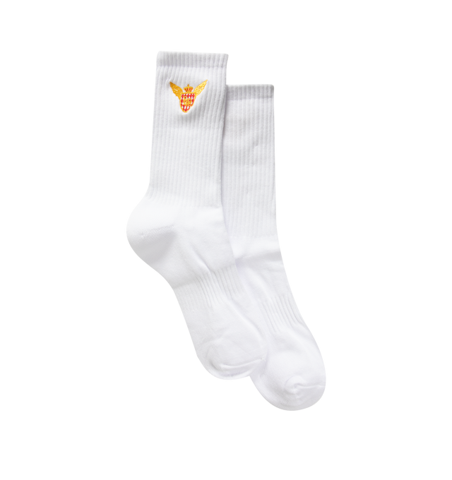 Image 1 of 2 - WHITE - Rhude Mens Sport Socks are crafted from a cotton, polyester, and spandex blend. Feature a ribbed jersey construction and signature vertical Rhude logo. Main Material: 80% Cotton, 12% Polyester, 8% Spandex. Made in China.