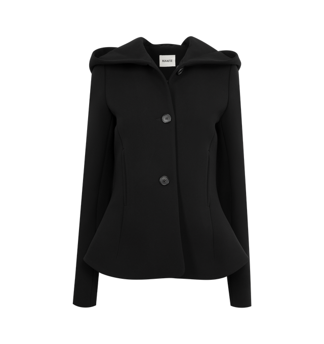 Image 1 of 3 - BLACK - KHAITE June Jacket featuring button-front closure, hooded, peplum silhouette, elongated darts, soft pleats and welt pockets.