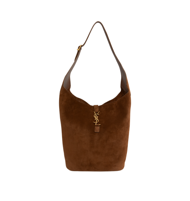 Image 1 of 3 - BROWN - Saint Laurent hobo bucket version of the iconic LE 5  7 in suede with leather lining, defined by its leather tab closure decorated with the CASSANDRE. Spacious and lined in tonal leather, it features one main compartment with an inner zip pocket. An adjustable strap allows for bespoke carry options. Featuring bronze-toned hardware, four metal feet. Measures 10.217.3" x 12.6" x 1.2" with 13" handle drop. Made in Italy.