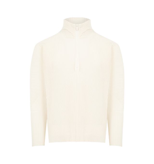 Image 1 of 3 - WHITE - ISSEY MIYAKE March Polo featuring pleated half zip top, high neckline, long sleeves with thumbhole cuffs and a front patch pocket. 100% polyester.