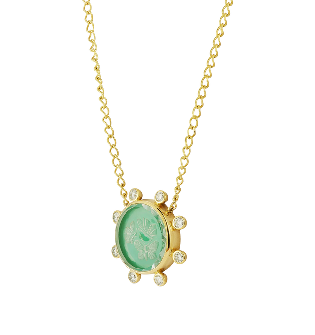 Image 2 of 2 - GOLD - RENNA Butterfly Caspian Necklace in Chrysoprase and Diamond featuring delicate butterflies hand carved on the reverse of this faceted rock crystal, backed with chrysoprase and bordered with diamonds. Adjustable 15-16". .55 tcw diamond. Hirshleifers offers a range of pieces from this collection in-store. For personal consultation and detailed information about jewelry, please contact our dedicated stylist team at personalshopping@hirshleifers.com. This item may be restricted for onlin