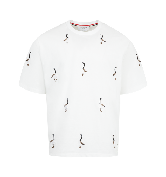 Image 1 of 3 - WHITE - THOM BROWNE Geese Print Jersey Tee featuring embroidered geese, short sleeves, crew neck, name tag applique and signature striped grosgrain loop tab. 100% cotton. Made in Italy.