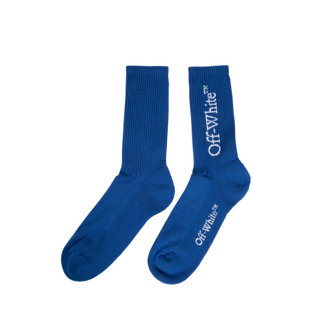 Image 2 of 2 - BLUE - OFF-WHITE MID BOOKISH CALF SOCKS are blue mid-height socks with logos on the cuff and sole.  3% Elastane 70% Cotton 27% Polyamide. 