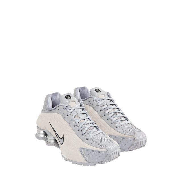 Image 2 of 5 - GREY - NIKE Shox R4 Sneaker featuring suede and leather upper, laser perforations, lace up closure, Nike Shox columns and circular Waffle outsole