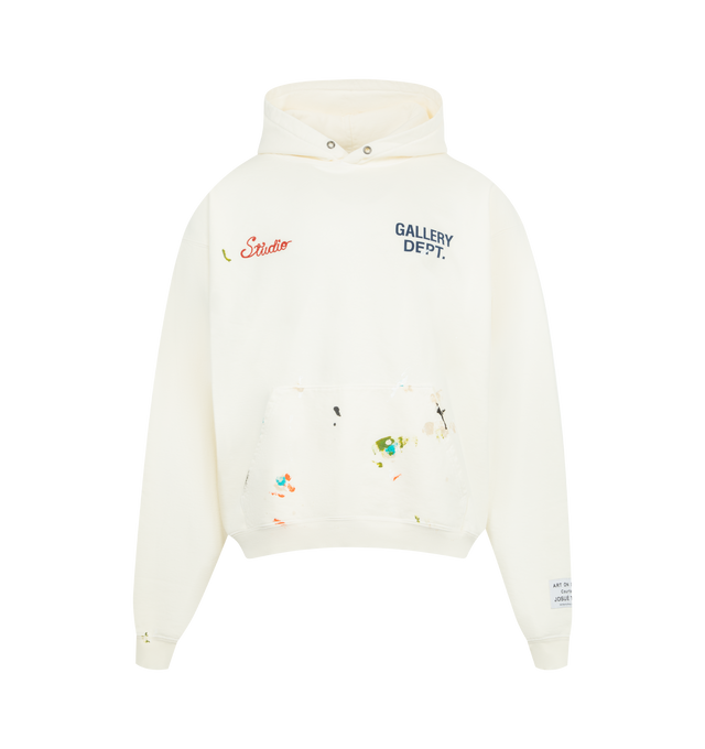 Image 1 of 3 - WHITE - GALLERY DEPT. Studio Hoodie featuring oversized fit, 'Studio' chain-stitch embroidery and a printed GD logo on the front, large 'Art on Display' embroidery on the back, front kangaroo pocket, signature 'art on display' patch appliqud at the cuff and embellished with several leather G-PATCHES on both elbows with a one-of-a-kind carefully curated patch assortment. 100% cotton. Made in USA.