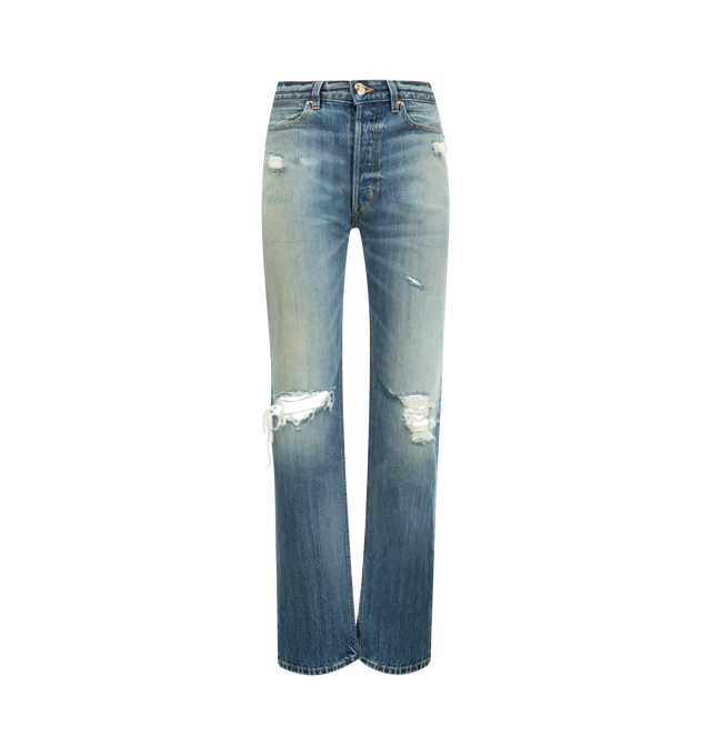 Image 1 of 3 - BLUE - RUADH The Agnes Jean featuring a mid rise, hitting just below the true waist. The silhouette is sleek and elongating with a slim straight profile, realized in a vintage destroy wash. This fabric is constructed with part regenerative cotton and part recycled cotton and is a mid weight rigid (no stretch). Classic 5 pocket detailing with RADH signature triple beltloops at back waist and semi-precious gold hardware. Shank and fly closure. This jean was designed to fit tightly through the w