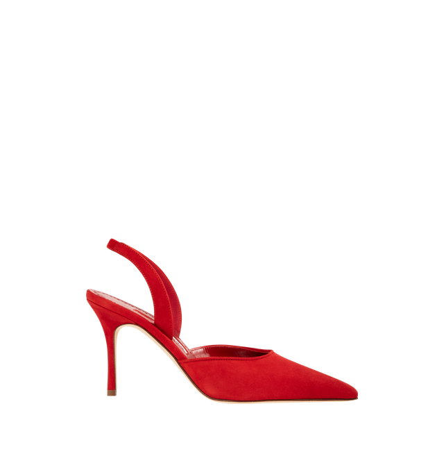 Image 1 of 4 - RED - MANOLO BLAHNIK Borelapla Slingback Pump featuring suede upper, point toe, elasticated slingback strap, leather insole and leather sole. Heel measures 90mm. Made in Italy.