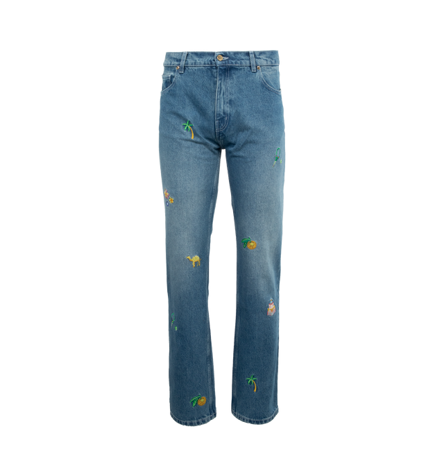 Image 1 of 5 - BLUE - CASABLANCA Stonewashed Embroidered Motif Jeans featuring icon embroidery throughout, mid rise, five-pocket style, full length and straight legs. 100% cotton. Made in Portugal. 