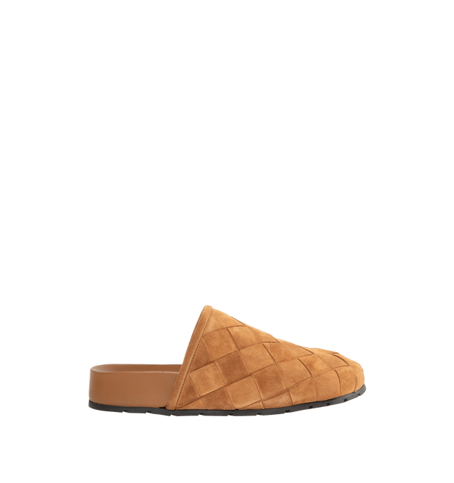 Image 1 of 4 - BROWN - BOTTEGA VENETA Reggie Intrecciato Suede Mules featuring padded Intrecciato suede with an ergonomic leather insole, round toe, slips on, suede upper, leather lining and rubber sole. Made in Italy. 