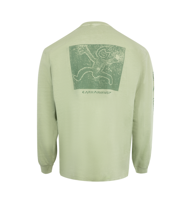 Image 2 of 3 - GREEN - CARHARTT WIP Terrestrial T-shirt featuring a loose fit, crewneck, long sleeves, graphic print on the front, back and sleeves, and straight hem. 100% cotton.