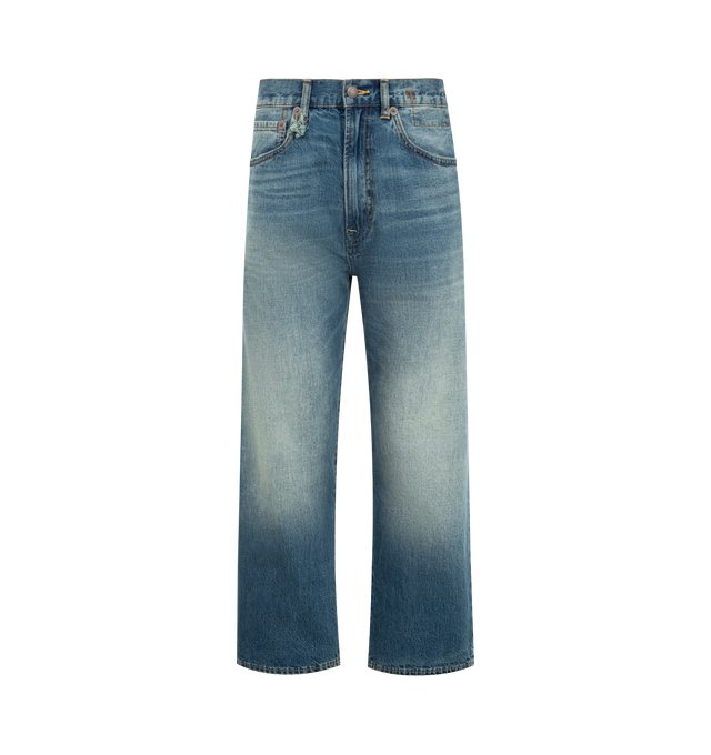 Image 1 of 3 - BLUE - R13 X-BF Jean featuring overall fading, relaxed fit, five-pocket style, zip button closure, leather logo patch on the back waist and contrast stitching. 100% cotton. Made in Italy.