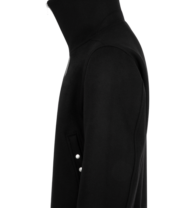 Image 4 of 4 - BLACK - RICK OWENS Blixa Dracucollar Bomber Jacket featuring center front zip fastening, exaggerated funnel neck to be work up or down, dropped shoulder, curved sleeves, rib knit trims, press stud wel pockets, lined and double internal pockets. 100% wool. Made in Italy.