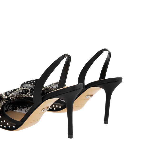Image 4 of 5 - BLACK - MACH & MACH Le Cadeau Crystal Mesh Slingback featuring an elasticated slingback strap, a high stiletto heel, crystal embellishments and bow detailing. The heel height measures 85mm. Made in Italy.