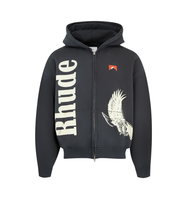 Image 1 of 2 - BLACK - RHUDE Eagle Pass Zip-Front Hoodie featuring logo lettering and an eagle motif, hood, long sleeves, split kangaroo pocket, rib-knit trim and front zip closure. 100% cotton. Made in USA.