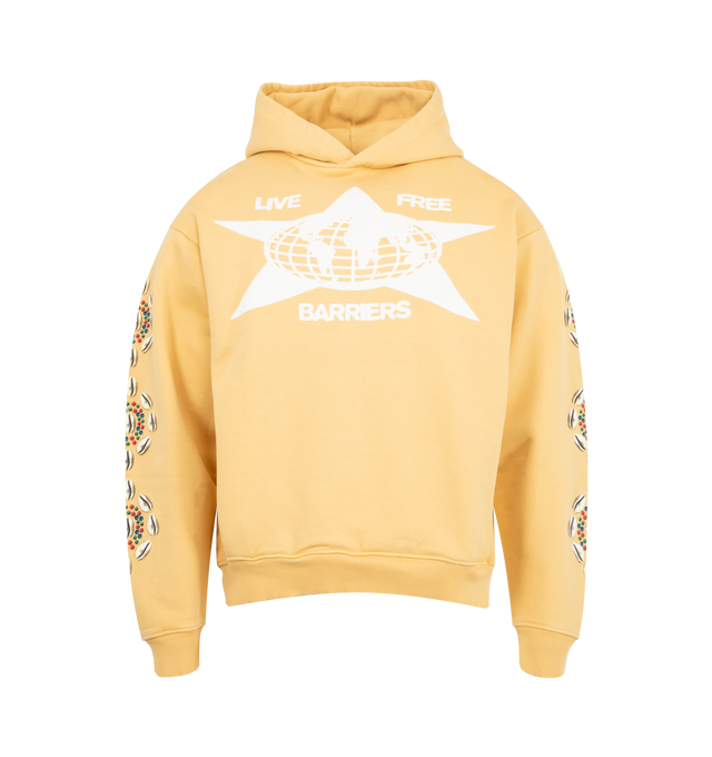Image 1 of 3 - YELLOW - BARRIERS Cowrie Shell Hoodie featuring 500 GSM french terry, hidden pocket, garment dyed, front graphic with cracked distress print and cowrie sleeves in puff print for 3D effect. 100% cotton.