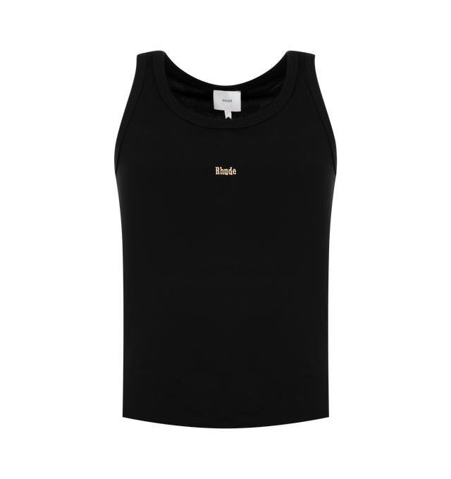Image 1 of 2 - BLACK - Rhude Men's Logo Ribbed Tank Top is crafted from soft ribbed fabric and features a classic sleeveless silhouette with a scoop neckline and a close, comfortable fit. Finished with signature Rhude logo detailing, this designer tank top combines an athletic-inspired profile with the brand's elevated streetwear aesthetic, making it a versatile essential for layering or wearing on its own. Made from 100% high-quality Cotton.