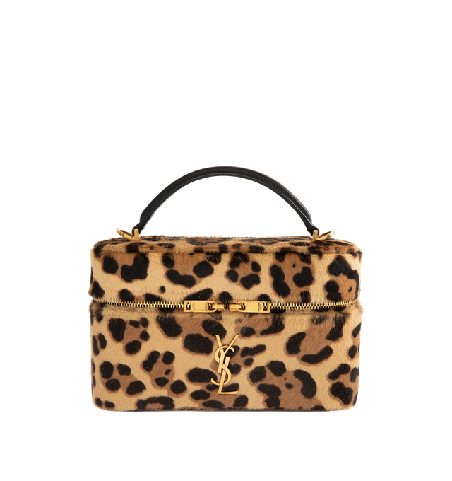 Image 1 of 3 - BROWN - SAINT LAURENT Gaby Vanity Bag in leopard-print pony hair leather, decorated with the cassandre, fully lined in leather, a top handle, adjustable and detachable strap, bronze-tone hardware, zip closure and one card slot. 7.1" x 4.3" x 2.6". Calfskin. Made in Italy.