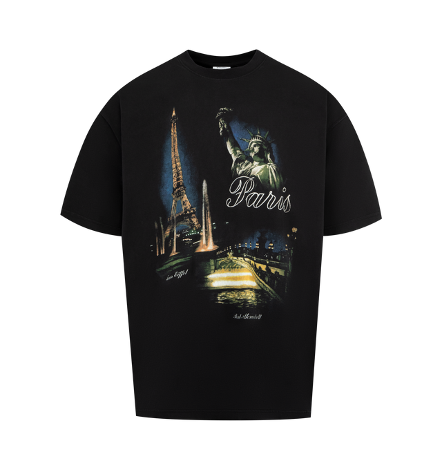 Image 1 of 2 - BLACK - VETEMENTS Paris Tourist T-shirt featuring rib-knit crewneck, graphic at front, dropped shoulders and short sleeves. 100% cotton.