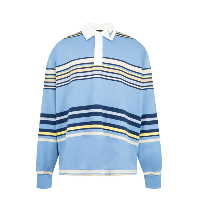 Image 1 of 2 - BLUE - Amiri Mens Striped Oversized Long Sleeve Polo is crafted from cotton. Features an oversized fit, striped design, polo collar with button closure, long sleeves, and embroidered script logo at the collar. Main Material: 100% Cotton. Made in Portugal.