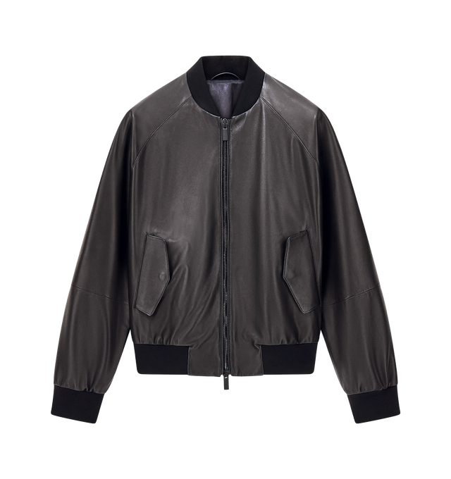 Image 1 of 1 - BLACK - Giorgio Armani Men's Lamb Leather Bomber Jacket is crafted from supple lamb leather, offering a smooth finish, exceptional comfort, and timeless sophistication. Designed in a classic bomber silhouette, it reflects Giorgio Armani's signature blend of luxury and modern style. Material: 100% Lamb Leather; Lining: 68% Acetate, 32% Polyester.