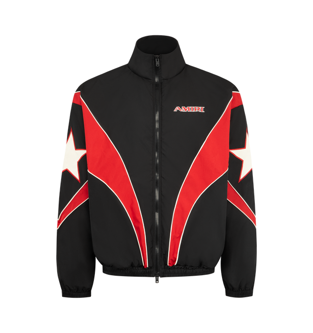 Image 1 of 3 - BLACK - AMIRI Sport Windbreaker featuring front zip closure, side seam pockets, front and back embroidered logo, elasticized ribbed trim and midweight ripstop fabric. 100% polyester. Made in Italy.