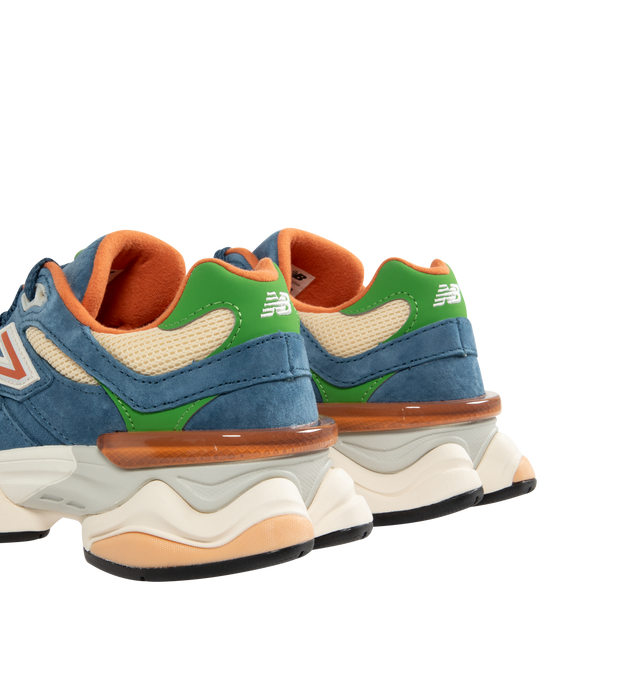 Image 3 of 5 - BLUE - NEW BALANCE 9060 Sneaker featuring mesh upper with suede overlays, dual-density midsole with ABZORB and SBS cushioning, tongue logo inspired by original 991 lace jewel, translucent CR device at heel and diamond outsole pattern.