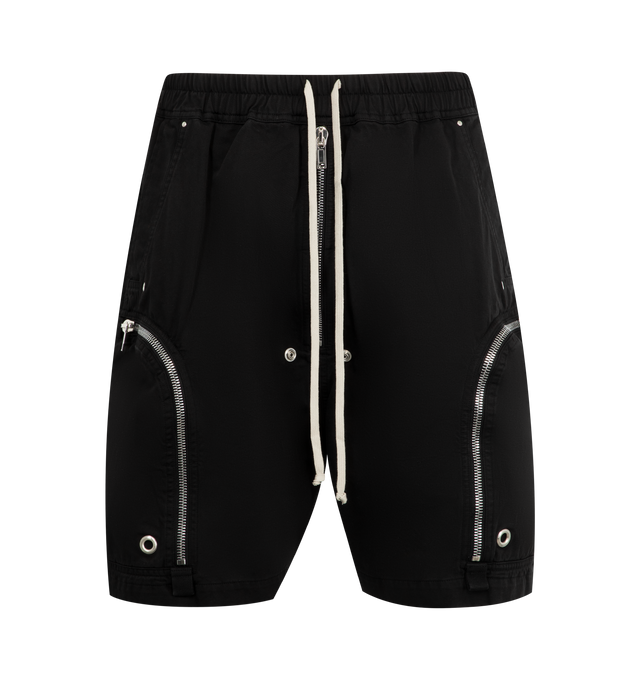 Image 1 of 3 - BLACK - Rick Owens DRKSHDW Bauhaus Shorts featuring drawstring at elasticized waistband, four-pocket styling, exposed zip fly, rivets and eyelets at front, webbing tabs at front, zip pocket at legs and dropped inseam. 100% organic cotton. Made in Italy.