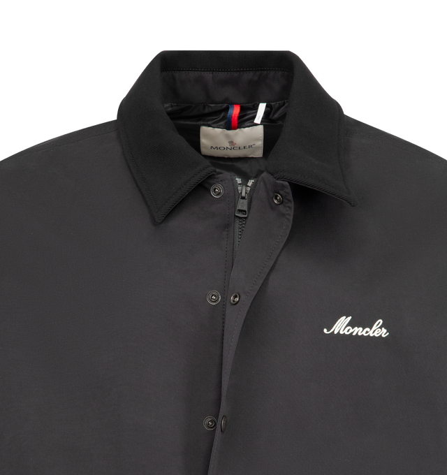 Image 4 of 4 - BLACK - MONCLER Arinell Shirt Jacket featuring a brushed polyester and cotton blend, nylon lining, rib knit collar, zipper and snap button closure, pockets with button closure, inside zipped pocket, hem with drawstring fastening and embroidered logo. 53% polyester, 33% cotton, 14% polyamide/nylon.