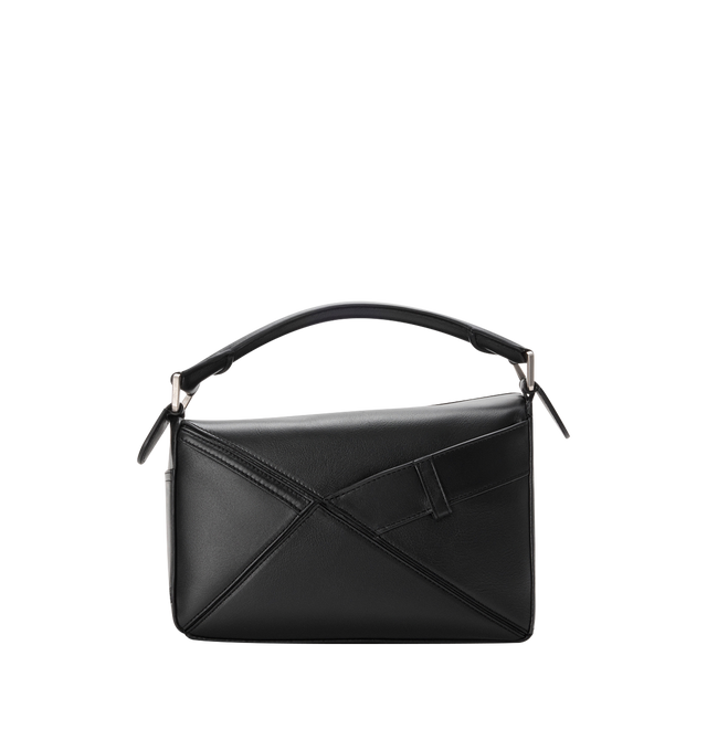 Image 2 of 4 - BLACK - LOEWE Panta Small Puzzle Bag featuring distinctive geometric lines and cuboid form. This small version is crafted in shiny calfskin with denim trousers-inspired details, shoulder, crossbody or hand carry, detachable and adjustable strap, zip closure with calfskin pull, one external rear pocket, one internal slip pocket, herringbone cotton canvas lining and embossed Anagram. Shiny calf. 16.5 cm x 24 cm x 10.5 cm. Made in Spain.
