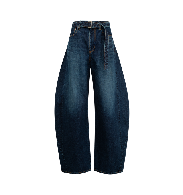 Image 1 of 3 - BLUE - SACAI Belted Wide Leg Jean featuring 5 pocket style, removable belt, wide leg and carpenter pocket on leg. Cotton.