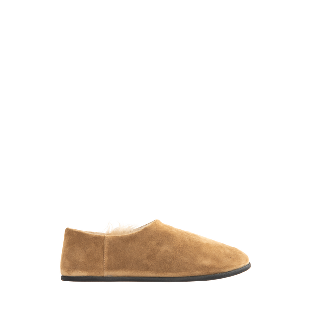 Image 1 of 4 - BROWN - CHRISTEN Big Bootie featuring flat slip on bootie, flexible textured TPU outsole, lined in goat shearing and round toe. Santiago suede. Made in Italy.