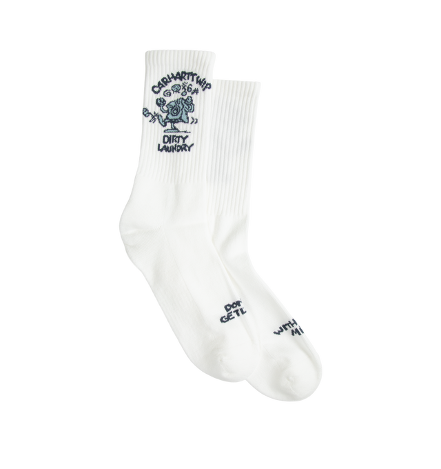 Image 1 of 2 - WHITE - Carhartt WIP Unisex Dirty Laundry Socks are crafted from a stretch cotton blend and feature an anatomical shape, rib-knit openings, and a graphic jacquard motif. Designed for everyday comfort, they are finished with a French terry panel at the inner sole for a softer feel. Main Material: 82% Cotton, 16% Polyester, 2% Elastane.