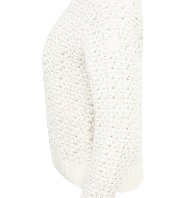 Image 3 of 3 - WHITE - Moncler Textured Cotton Sweater has a crew neck, fully fashioned woven stitches, and a signature logo patch on the arm. Cotton and viscose blend. Made in Romania.